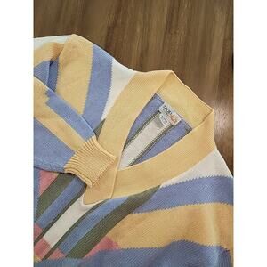 🎨 VTG IZOD Club 80s Pop Art Sweater – Women’s Large –Blue, Pink & Yellow V-Neck